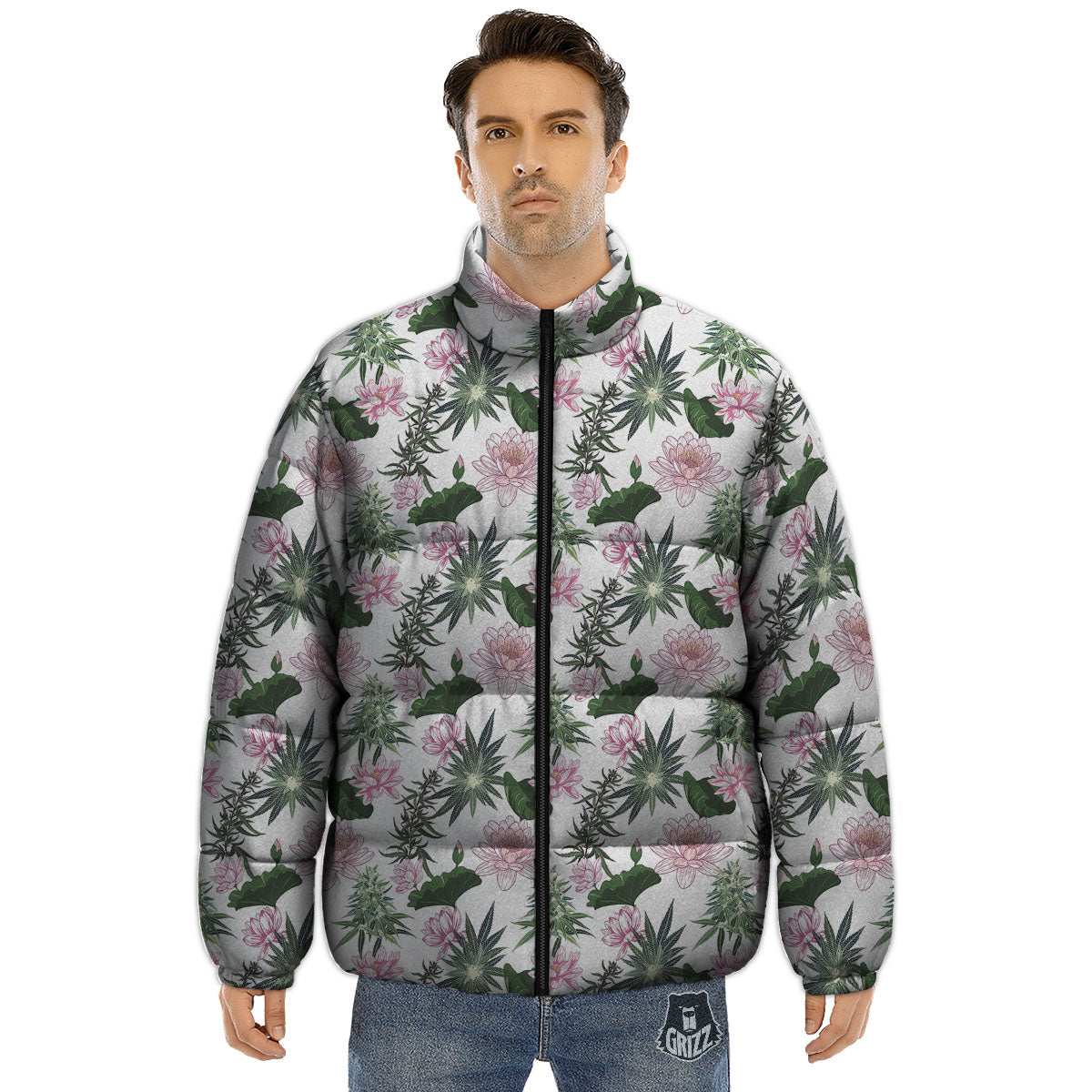 Flowers And Hemp Leaves Print Pattern Puffer Jacket-grizzshop