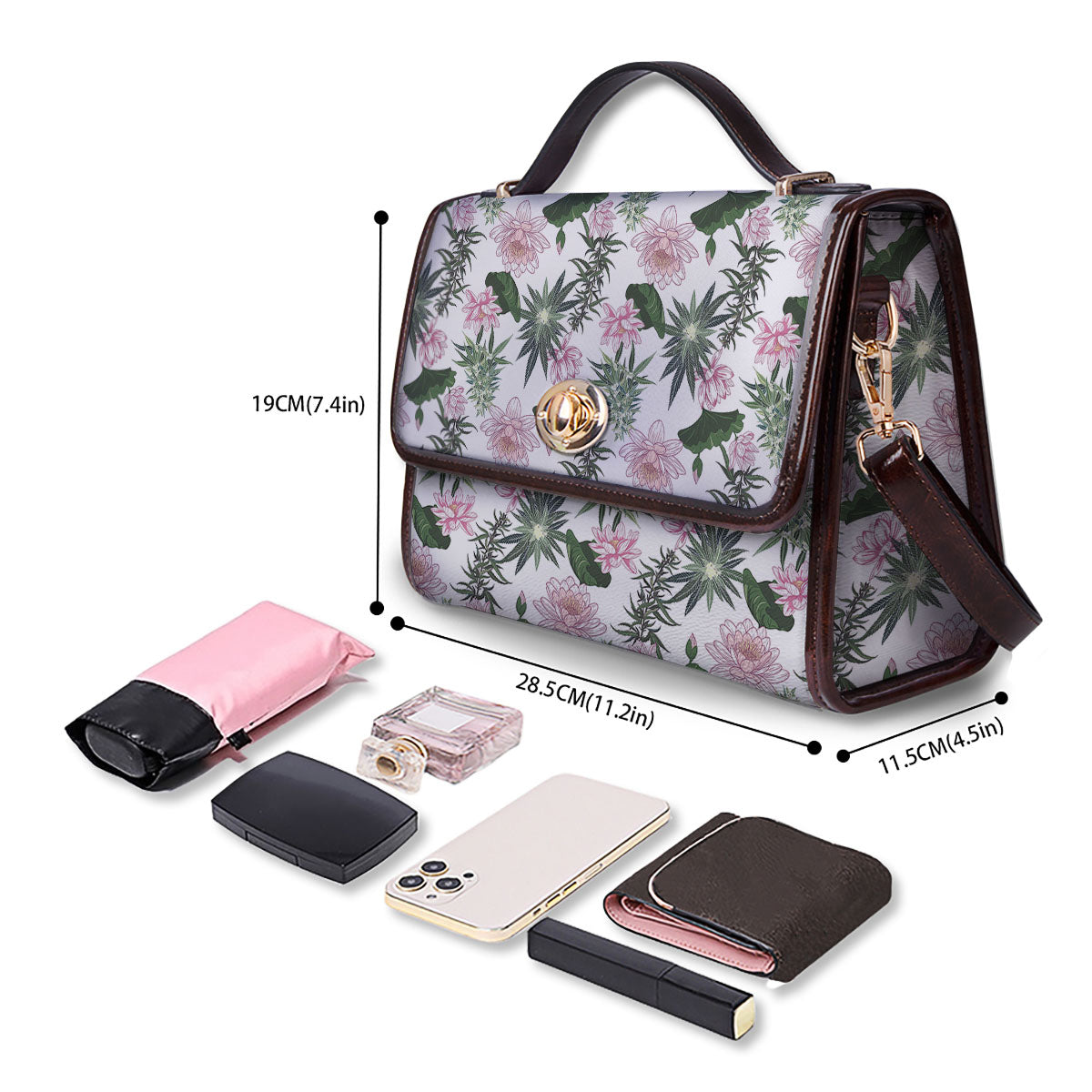 Flowers And Hemp Leaves Print Pattern Women's Satchel Bag-grizzshop
