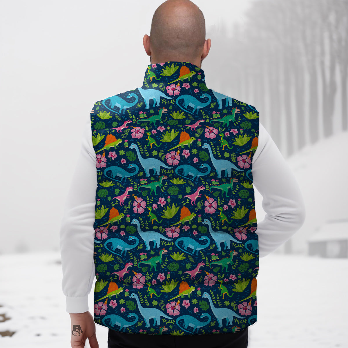 Flowers And Leaves Cute Dino Print Down Vest-grizzshop