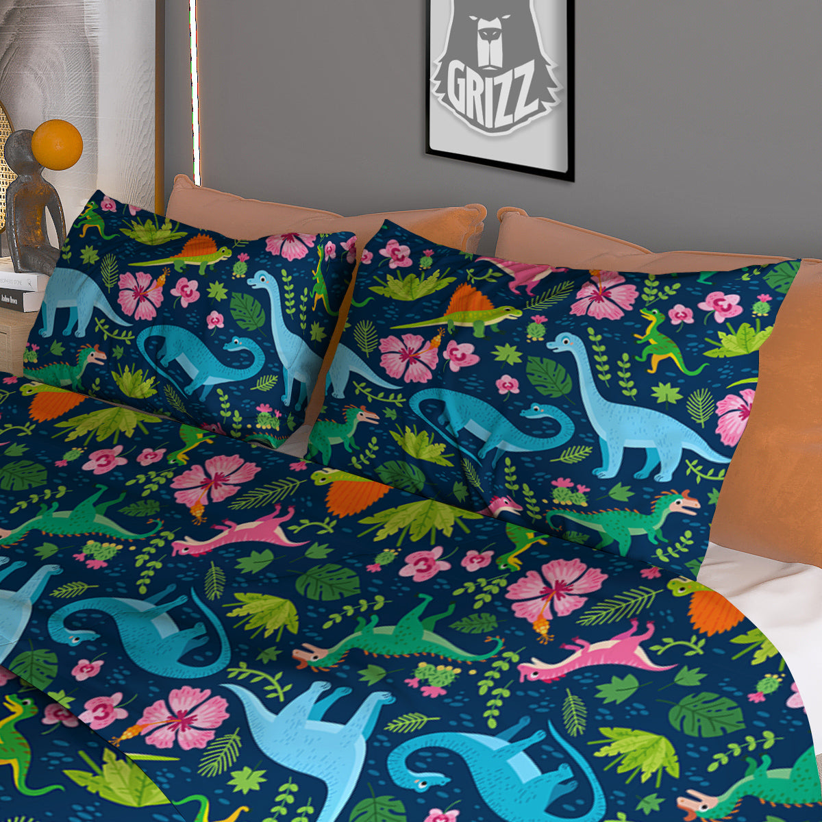 Flowers And Leaves Cute Dino Print Duvet Cover Bedding Set-grizzshop