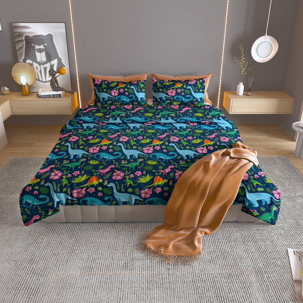 Flowers And Leaves Cute Dino Print Duvet Cover Bedding Set-grizzshop