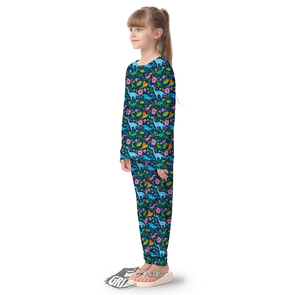 Flowers And Leaves Cute Dino Print Kid's Pajamas-grizzshop