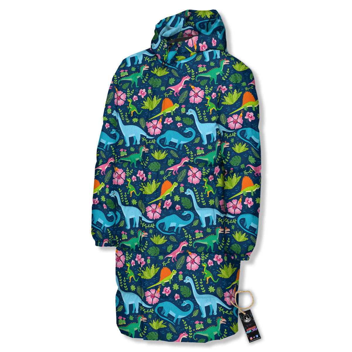 Flowers And Leaves Cute Dino Print Long Down Jacket-grizzshop