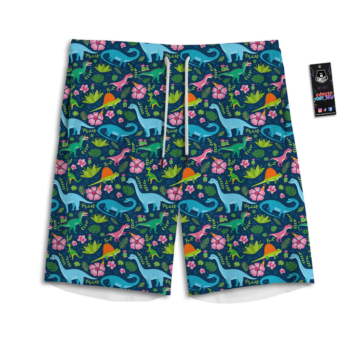 Flowers And Leaves Cute Dino Print Men's Athletic Shorts-grizzshop