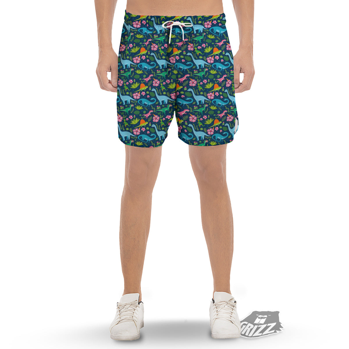 Flowers And Leaves Cute Dino Print Men's Gym Shorts-grizzshop