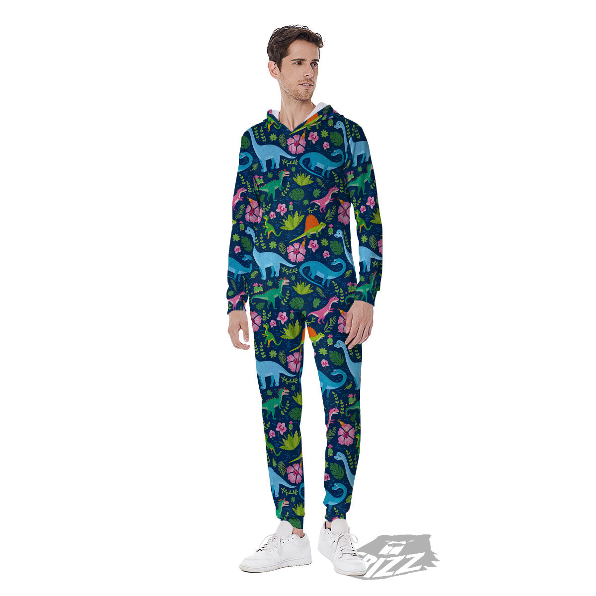 Flowers And Leaves Cute Dino Print Men's Jumpsuit-grizzshop