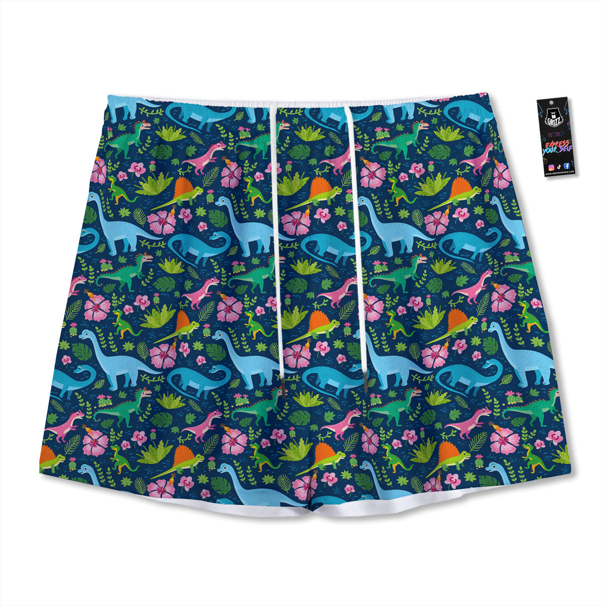 Flowers And Leaves Cute Dino Print Mesh Shorts-grizzshop
