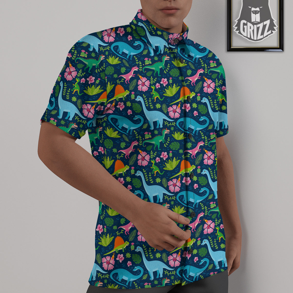 Flowers And Leaves Cute Dino Print Untucked Shirts-grizzshop