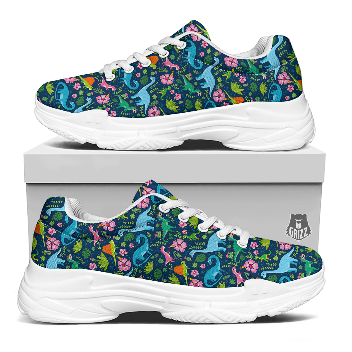 Flowers And Leaves Cute Dino Print White Chunky Shoes-grizzshop