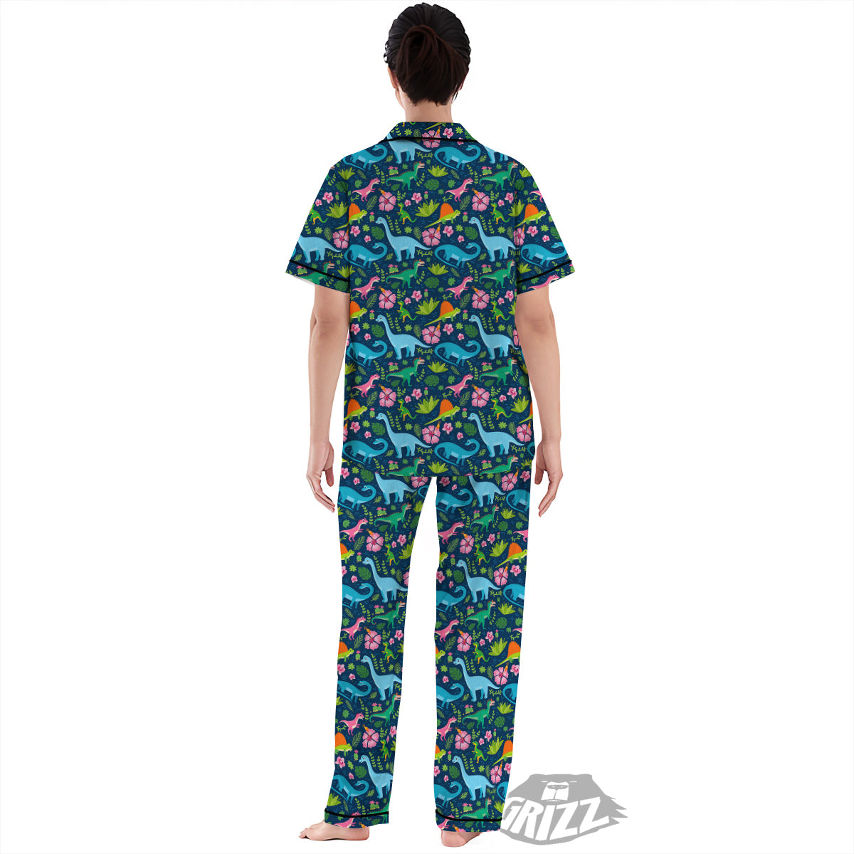 Flowers And Leaves Cute Dino Print Women's Pajamas Set-grizzshop