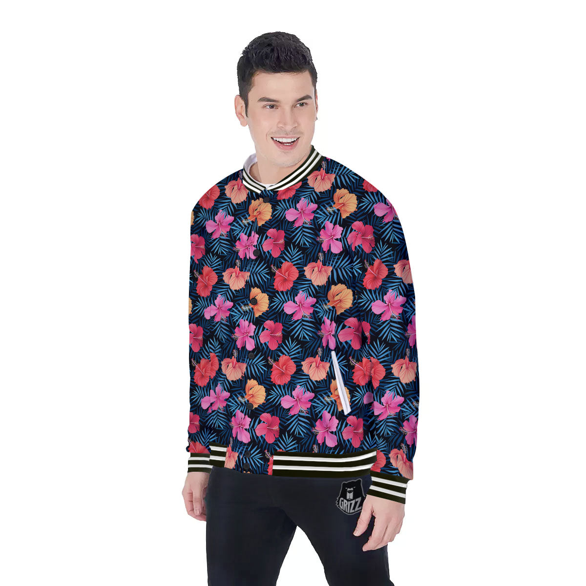Flowers Exotic Hibiscus Print Pattern Baseball Jacket-grizzshop