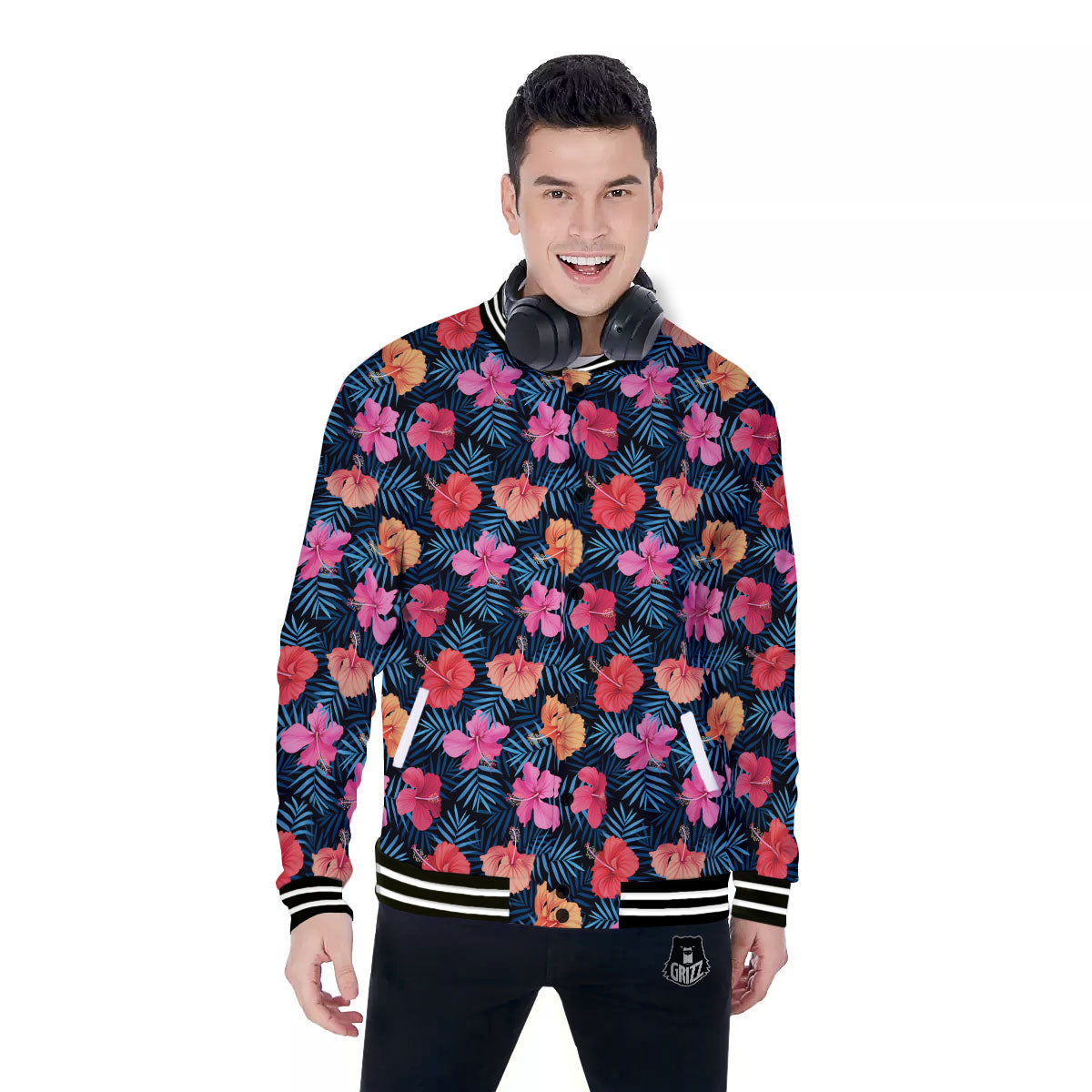 Flowers Exotic Hibiscus Print Pattern Baseball Jacket-grizzshop