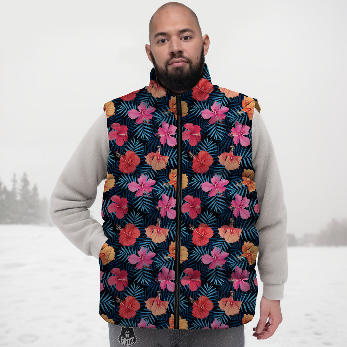 Flowers Exotic Hibiscus Print Pattern Down Vest