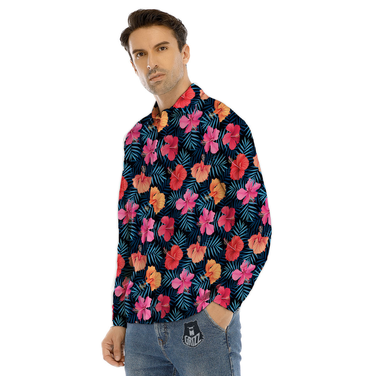 Flowers Exotic Hibiscus Print Pattern Men's Dress Shirts-grizzshop