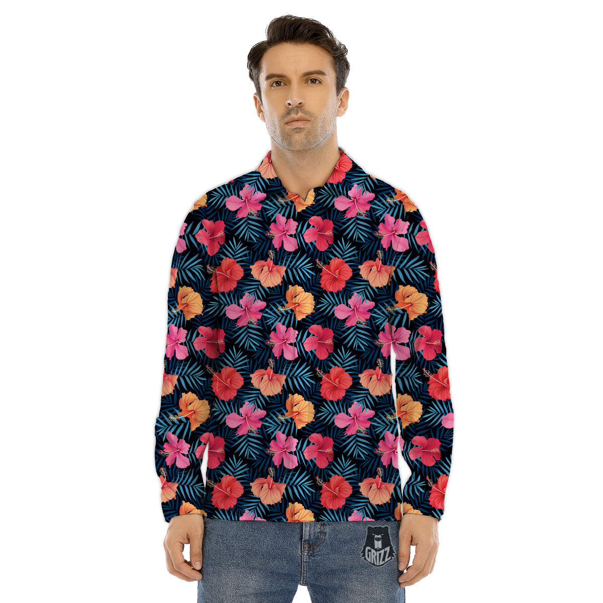 Flowers Exotic Hibiscus Print Pattern Men's Dress Shirts-grizzshop