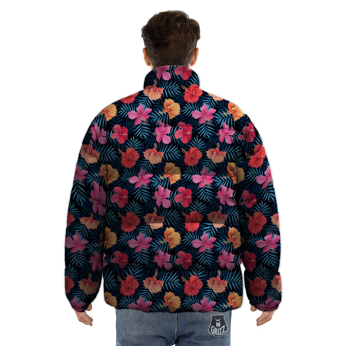Flowers Exotic Hibiscus Print Pattern Puffer Jacket-grizzshop