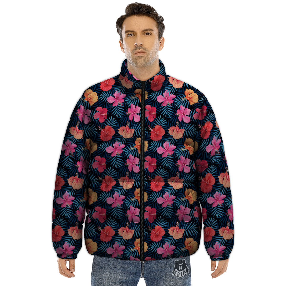Flowers Exotic Hibiscus Print Pattern Puffer Jacket-grizzshop