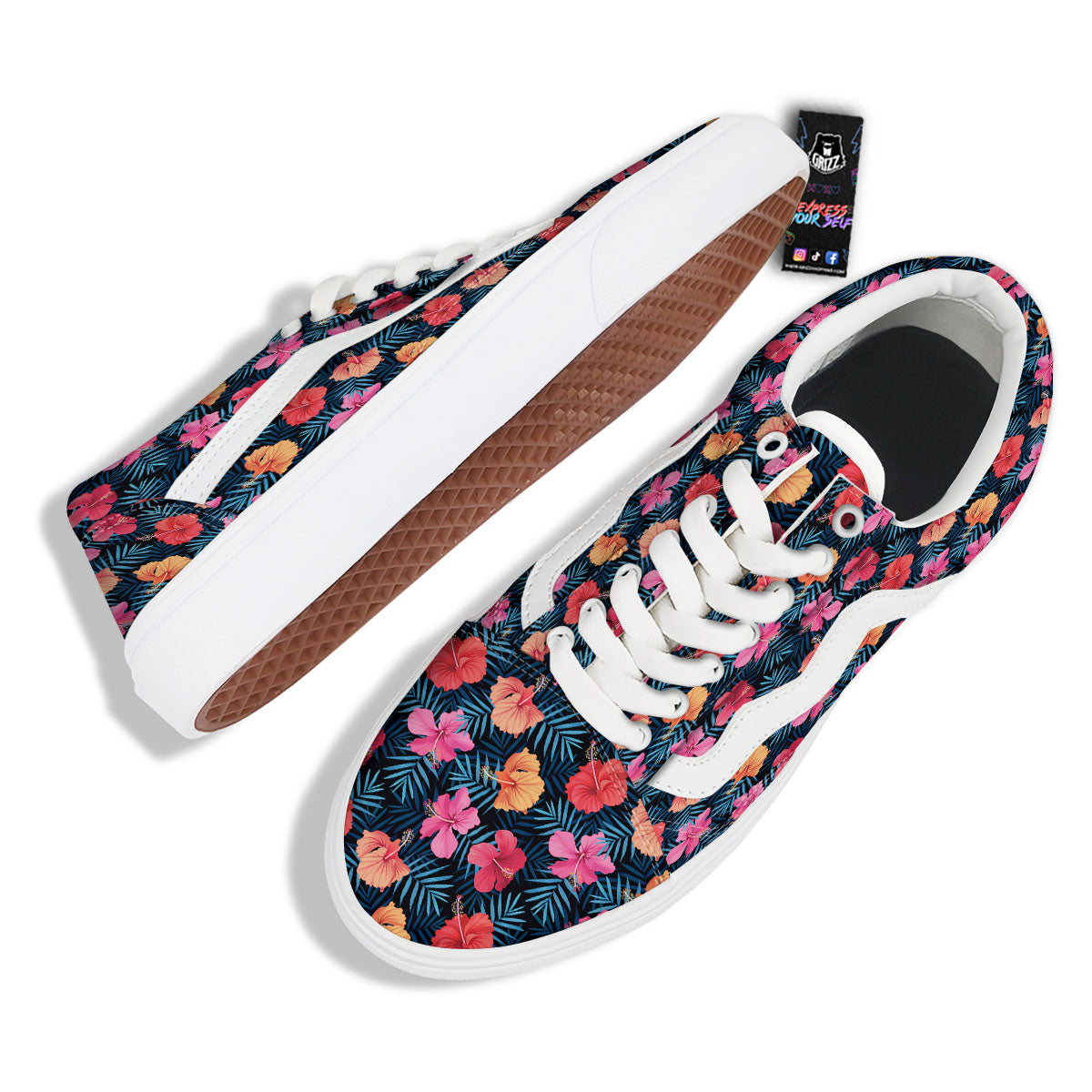 Flowers Exotic Hibiscus Print Pattern Skate Shoes-grizzshop