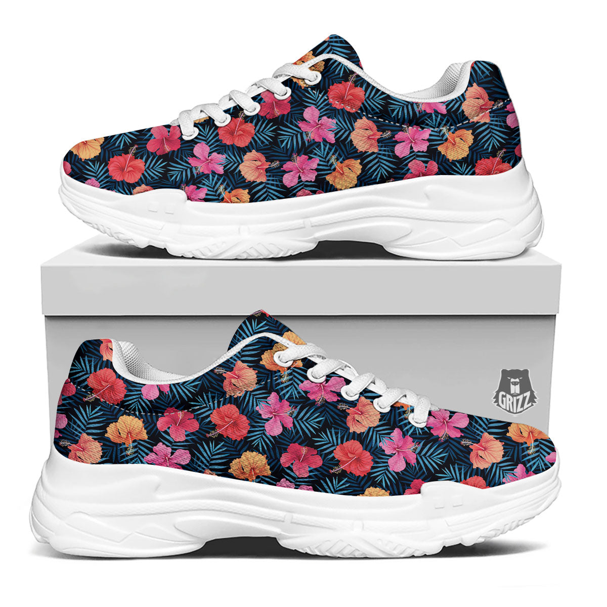 Flowers Exotic Hibiscus Print Pattern White Chunky Shoes-grizzshop