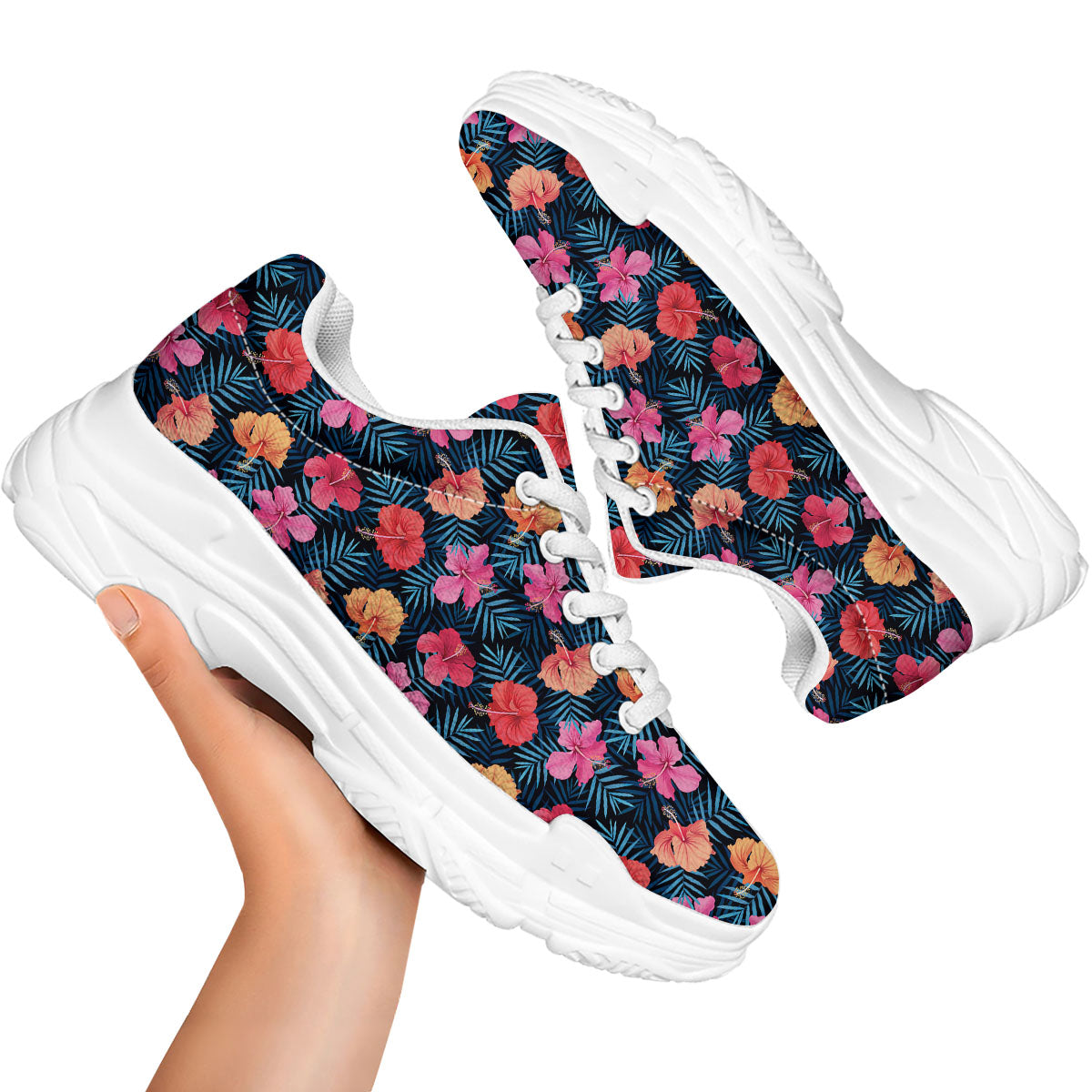Flowers Exotic Hibiscus Print Pattern White Chunky Shoes-grizzshop