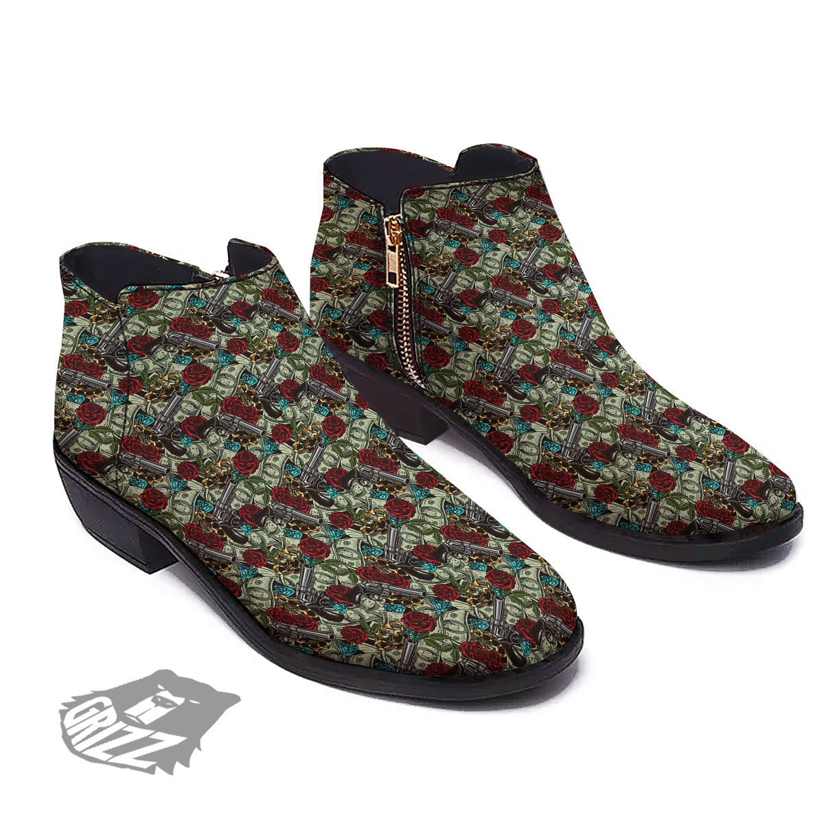 Flowers Guns And Print Pattern Ankle Boots-grizzshop