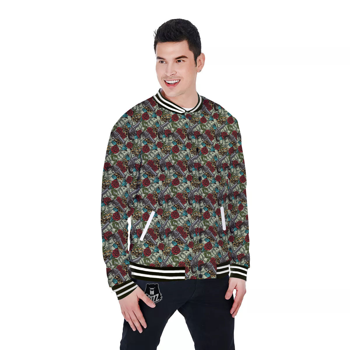 Flowers Guns And Print Pattern Baseball Jacket-grizzshop