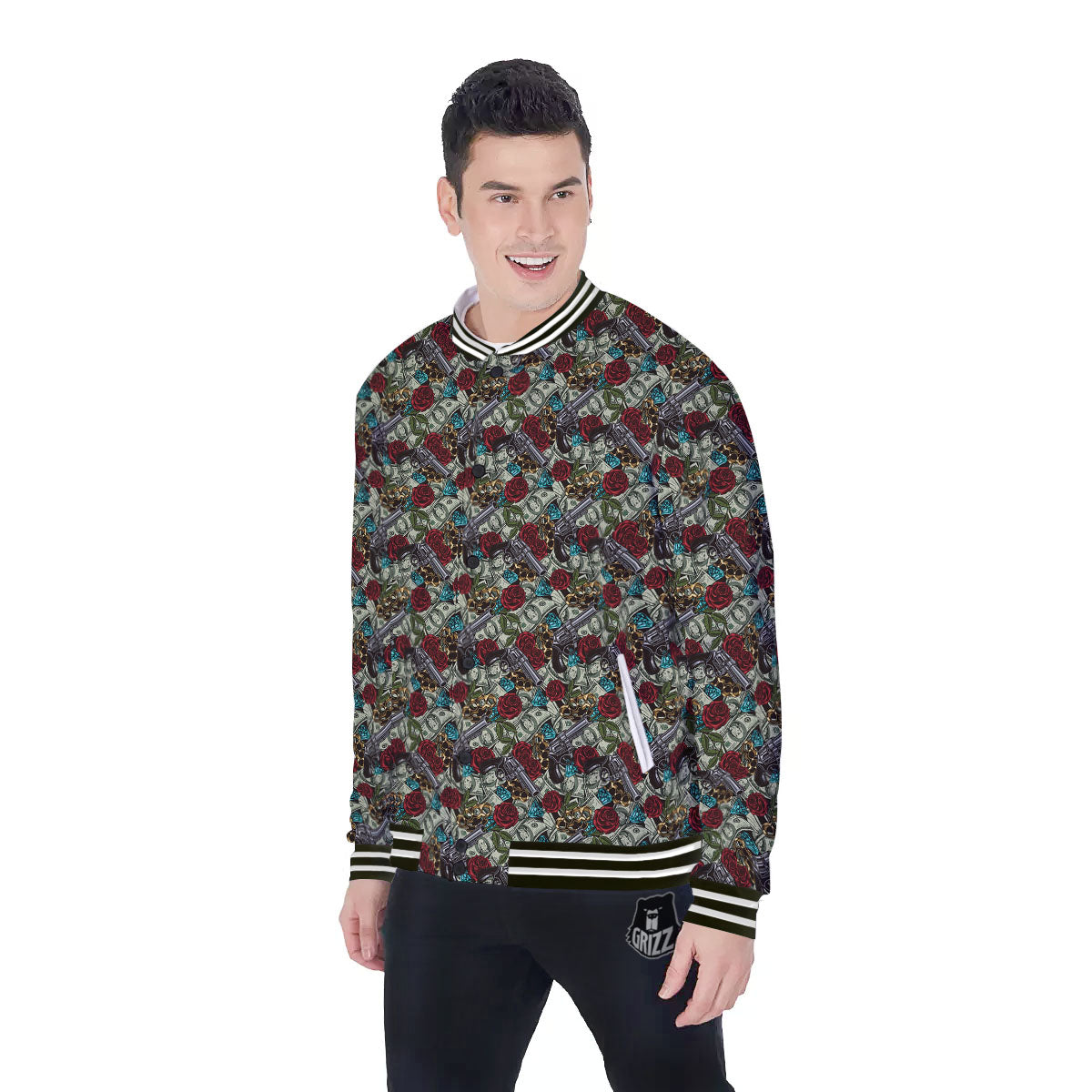 Flowers Guns And Print Pattern Baseball Jacket-grizzshop
