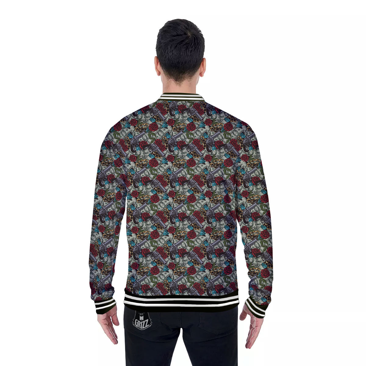 Flowers Guns And Print Pattern Baseball Jacket-grizzshop