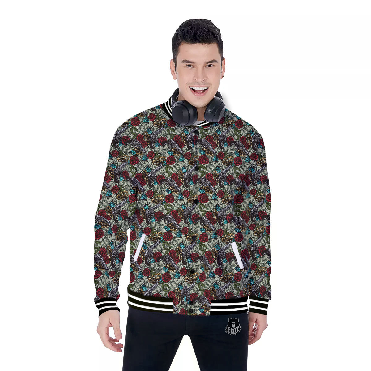 Flowers Guns And Print Pattern Baseball Jacket-grizzshop