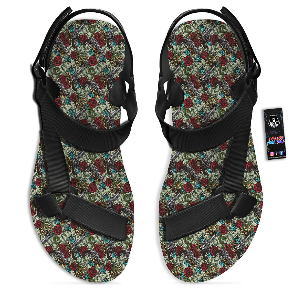 Flowers Guns And Print Pattern Black Open Toe Sandals-grizzshop