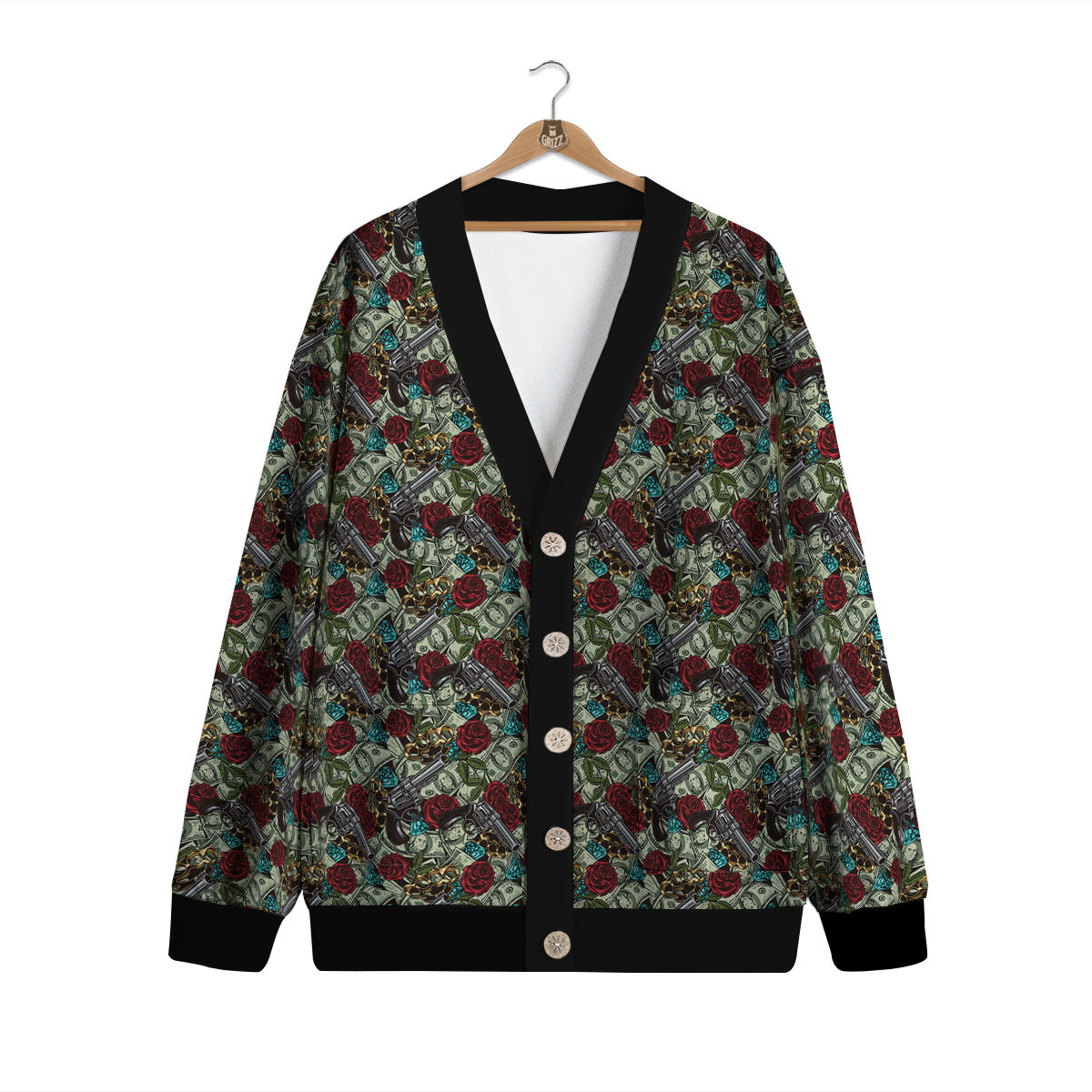Flowers Guns And Print Pattern Cardigan-grizzshop