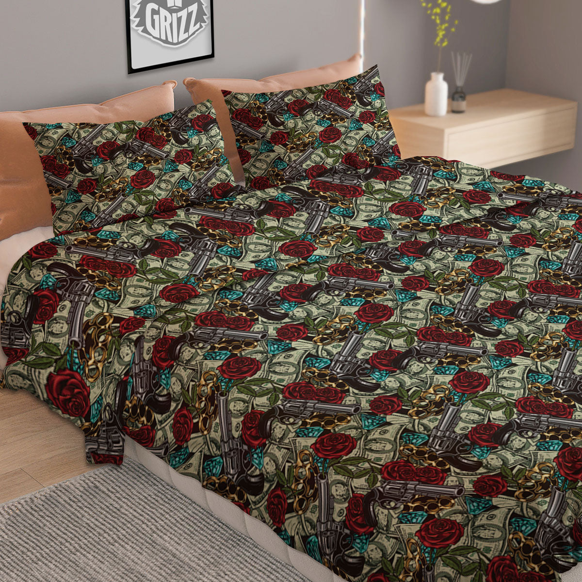Flowers Guns And Print Pattern Duvet Cover Bedding Set