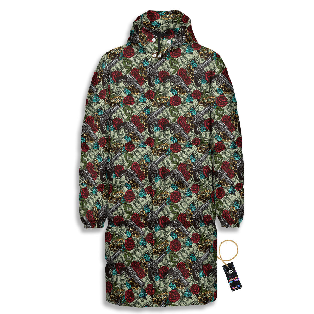 Flowers Guns And Print Pattern Long Down Jacket-grizzshop