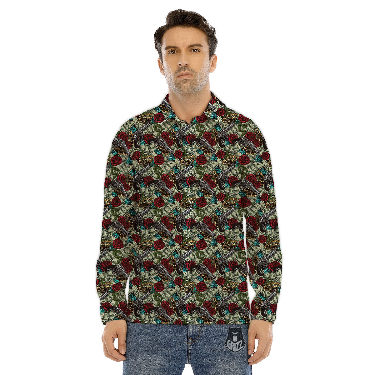 Flowers Guns And Print Pattern Men's Dress Shirts-grizzshop