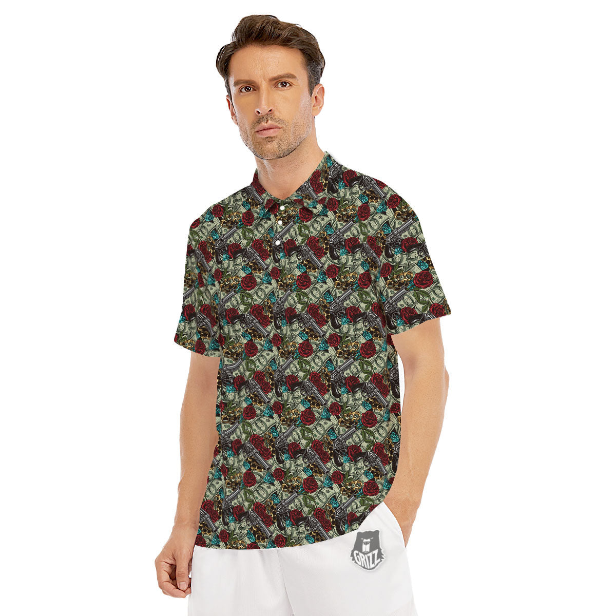 Flowers Guns And Print Pattern Men's Golf Shirts-grizzshop