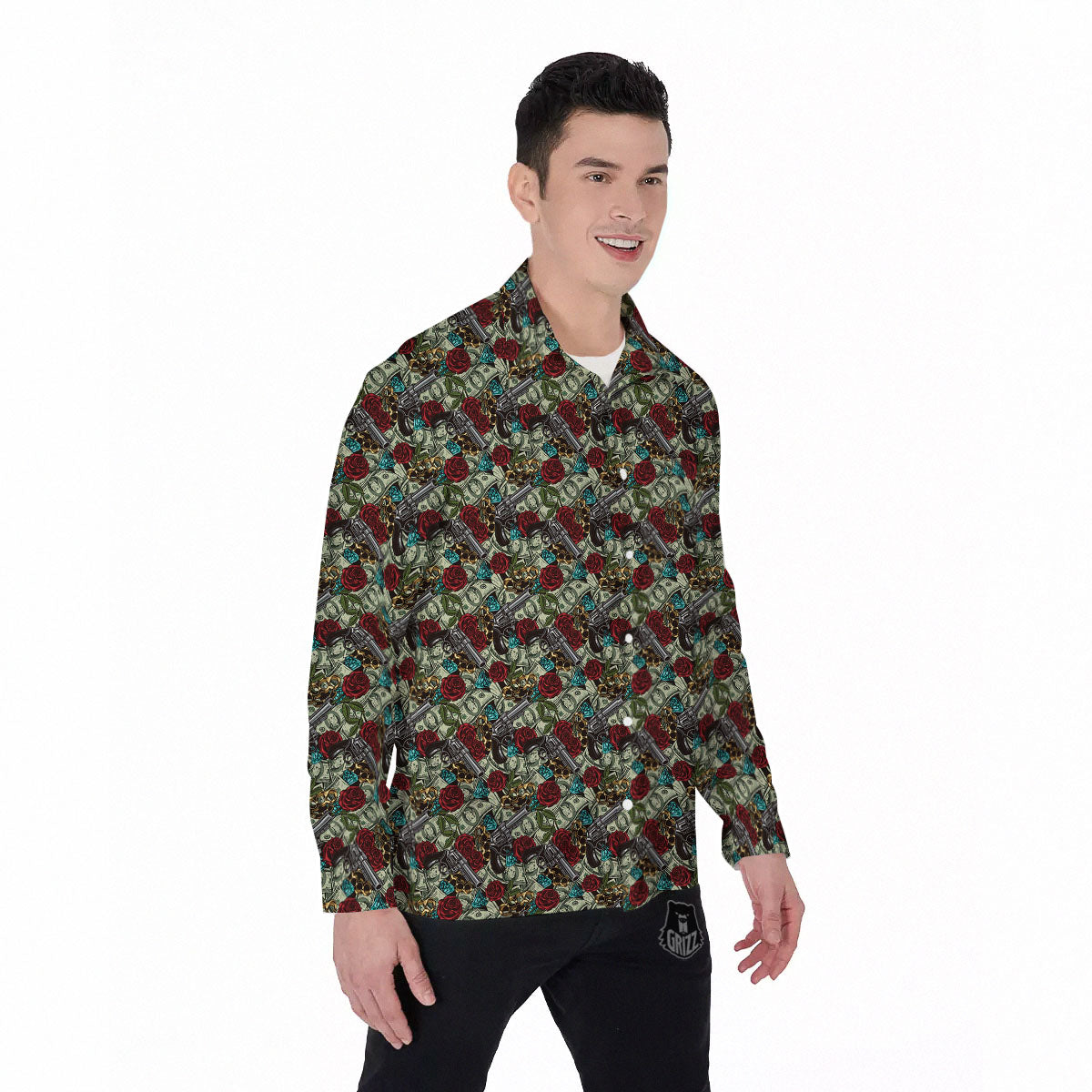 Flowers Guns And Print Pattern Men's Long Sleeve Shirts-grizzshop