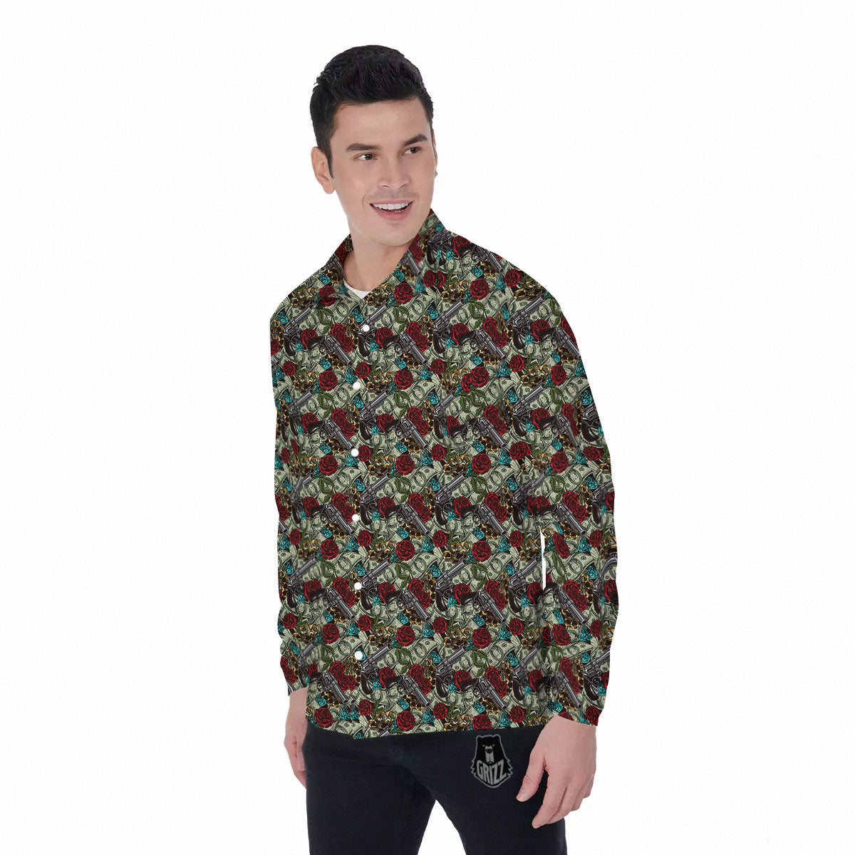 Flowers Guns And Print Pattern Men's Long Sleeve Shirts-grizzshop