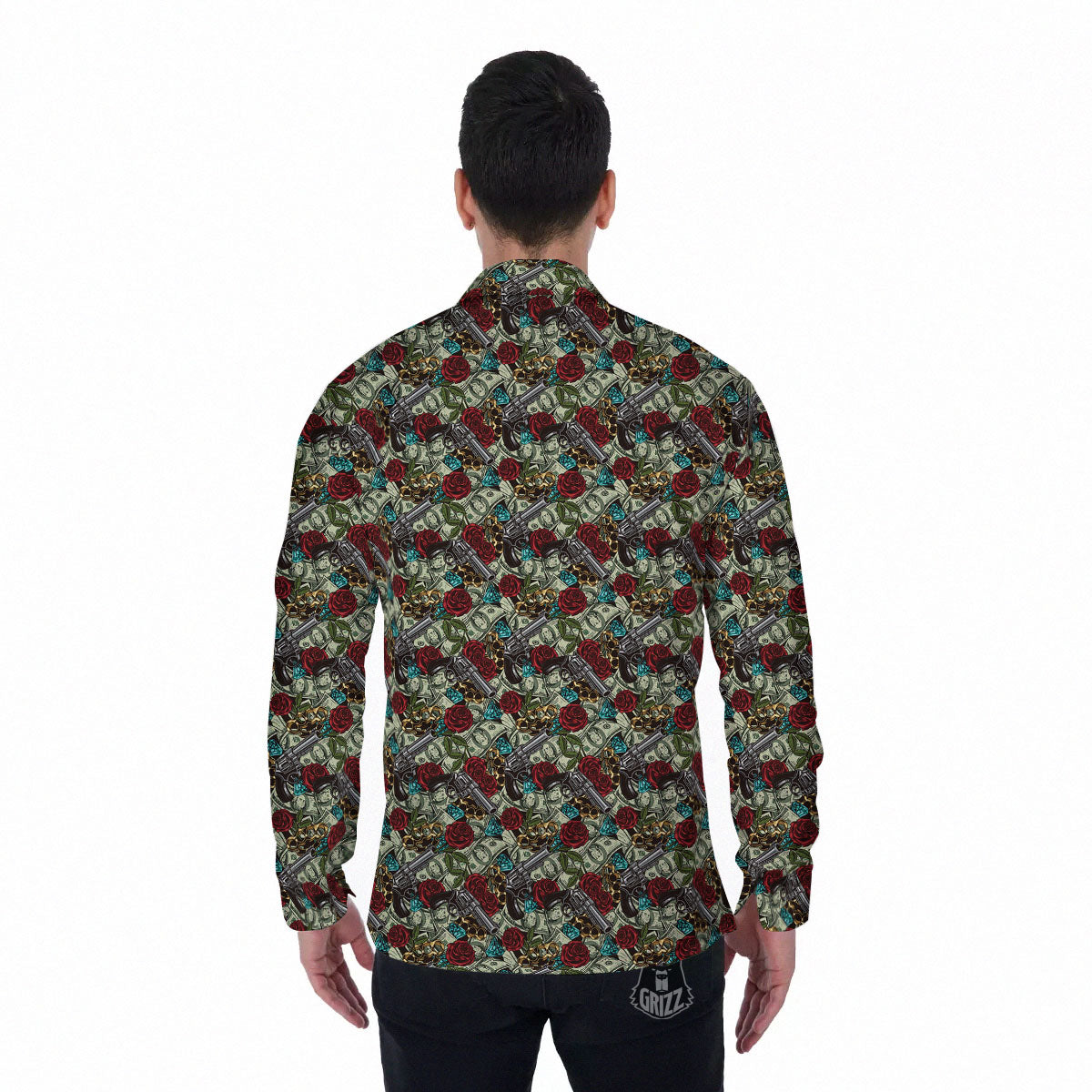 Flowers Guns And Print Pattern Men's Long Sleeve Shirts-grizzshop