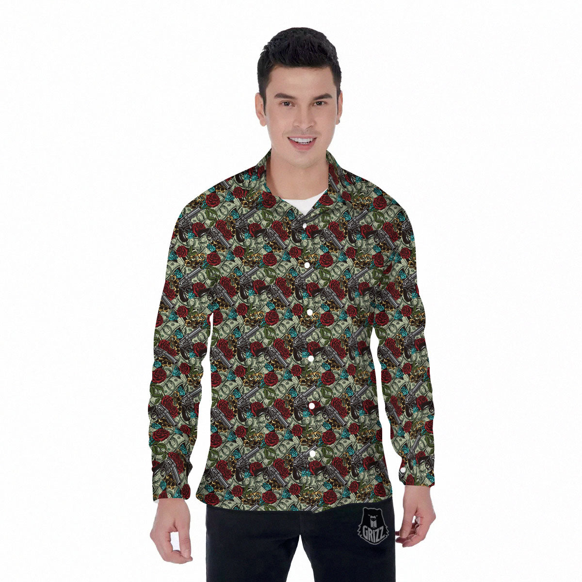 Flowers Guns And Print Pattern Men's Long Sleeve Shirts-grizzshop