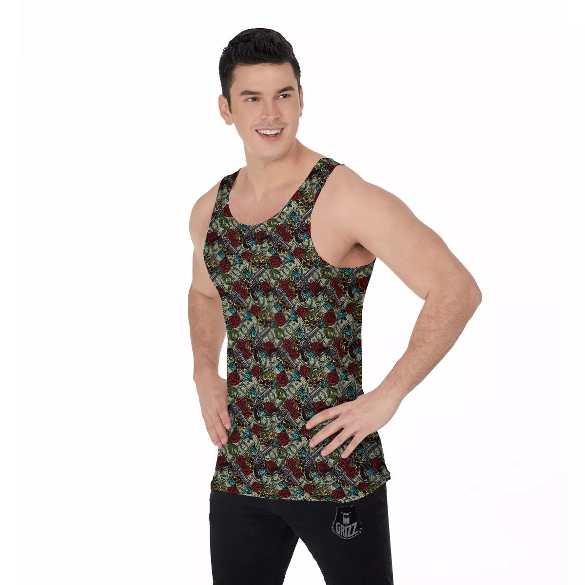 Flowers Guns And Print Pattern Men's Tank Top-grizzshop