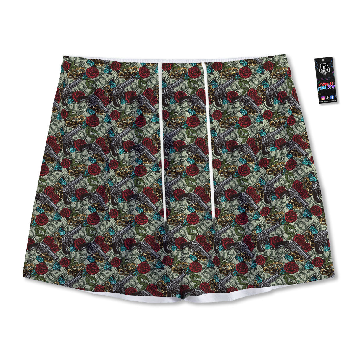 Flowers Guns And Print Pattern Mesh Shorts