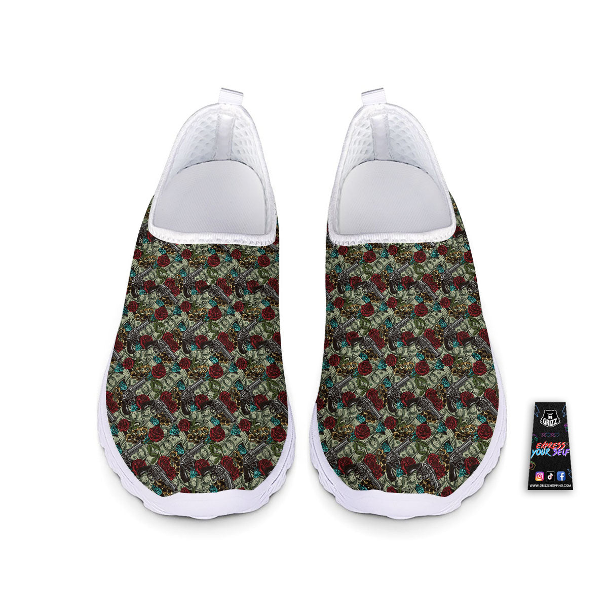 Flowers Guns And Print Pattern Nurse Shoes-grizzshop
