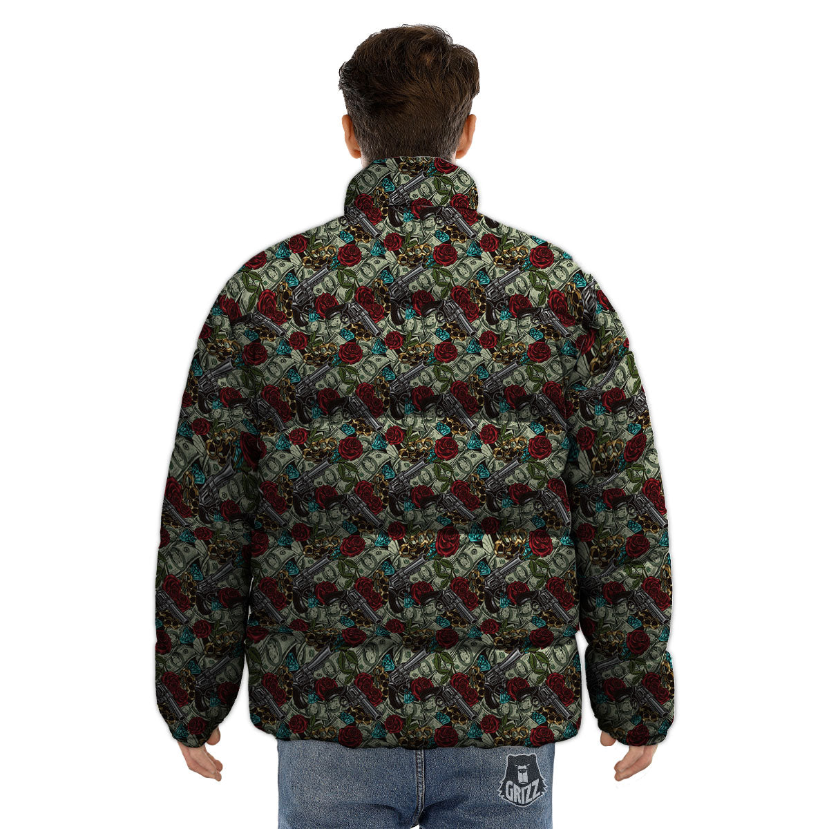 Flowers Guns And Print Pattern Puffer Jacket-grizzshop