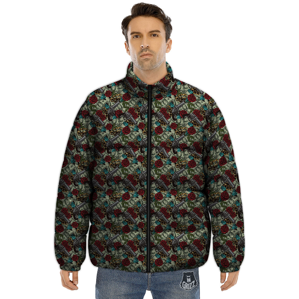 Flowers Guns And Print Pattern Puffer Jacket-grizzshop