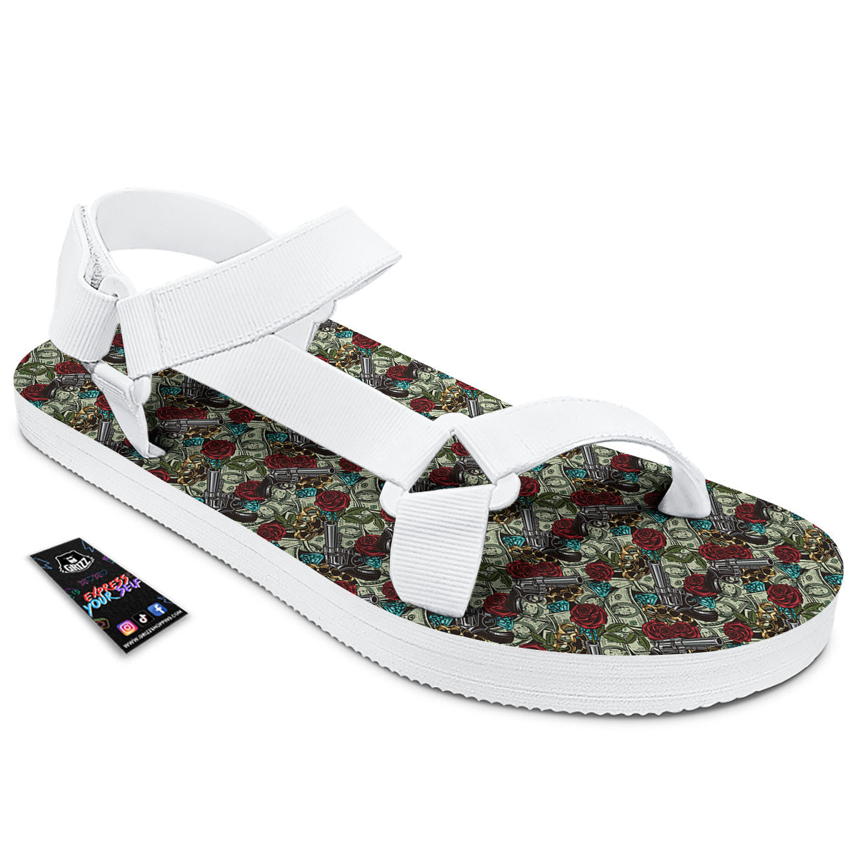 Flowers Guns And Print Pattern White Open Toe Sandals-grizzshop