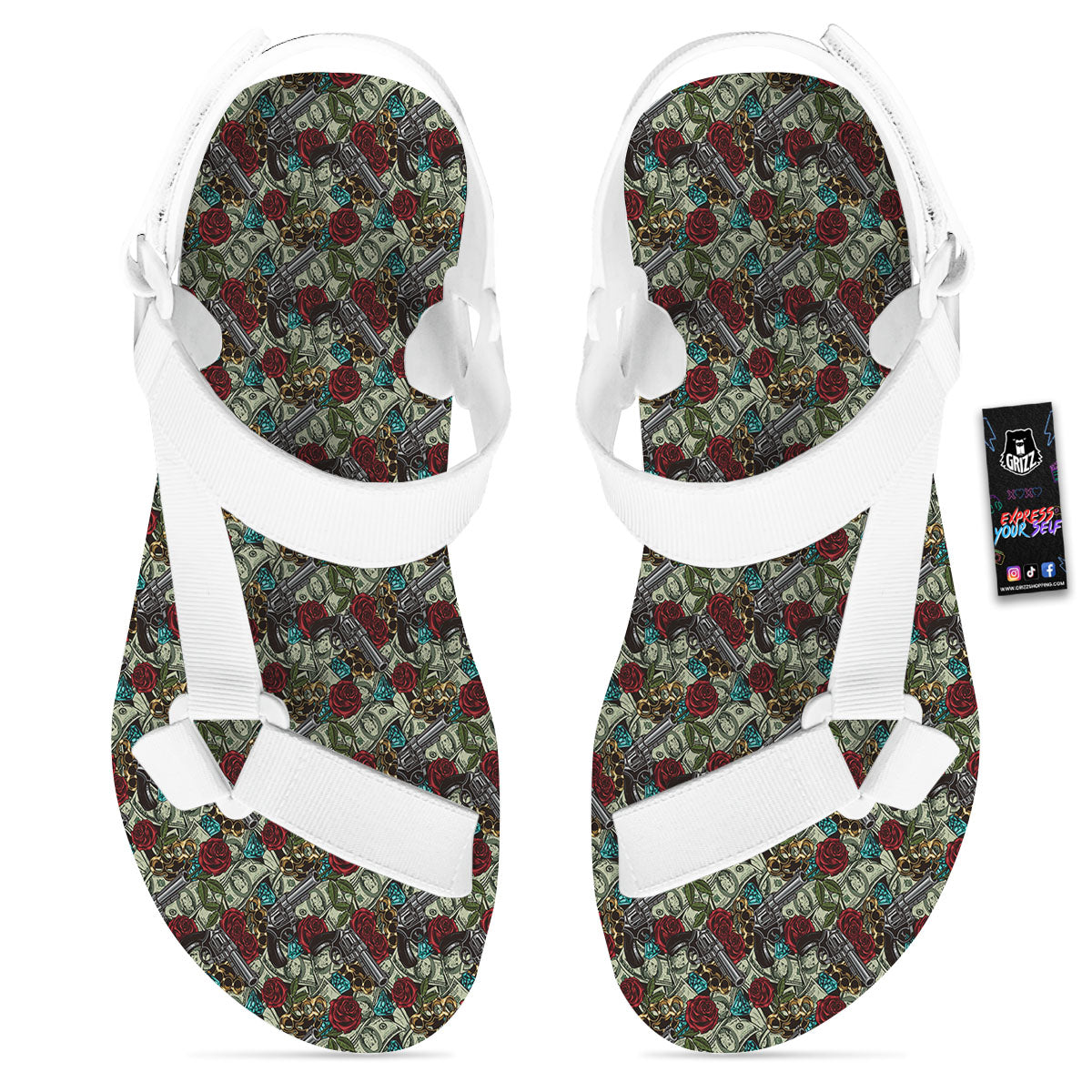 Flowers Guns And Print Pattern White Open Toe Sandals-grizzshop