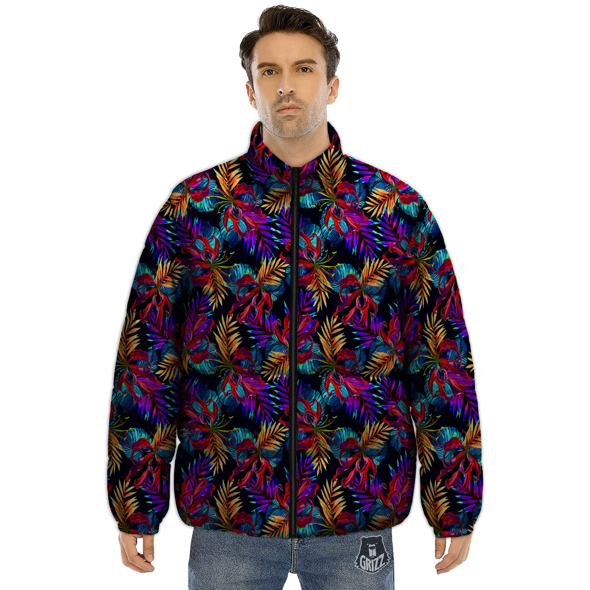 Flowers Hawaii Exotic Print Pattern Puffer Jacket-grizzshop