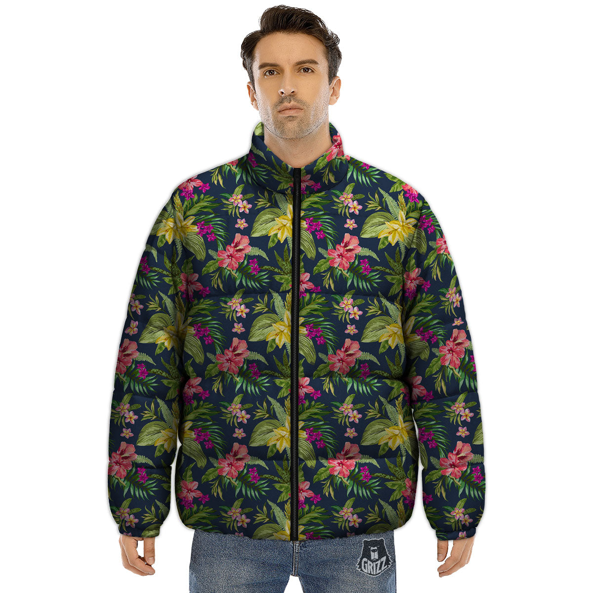 Flowers Hawaii Floral Print Pattern Puffer Jacket-grizzshop