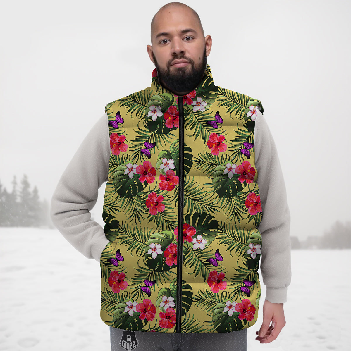Flowers Hawaii Tropical Print Pattern Down Vest-grizzshop