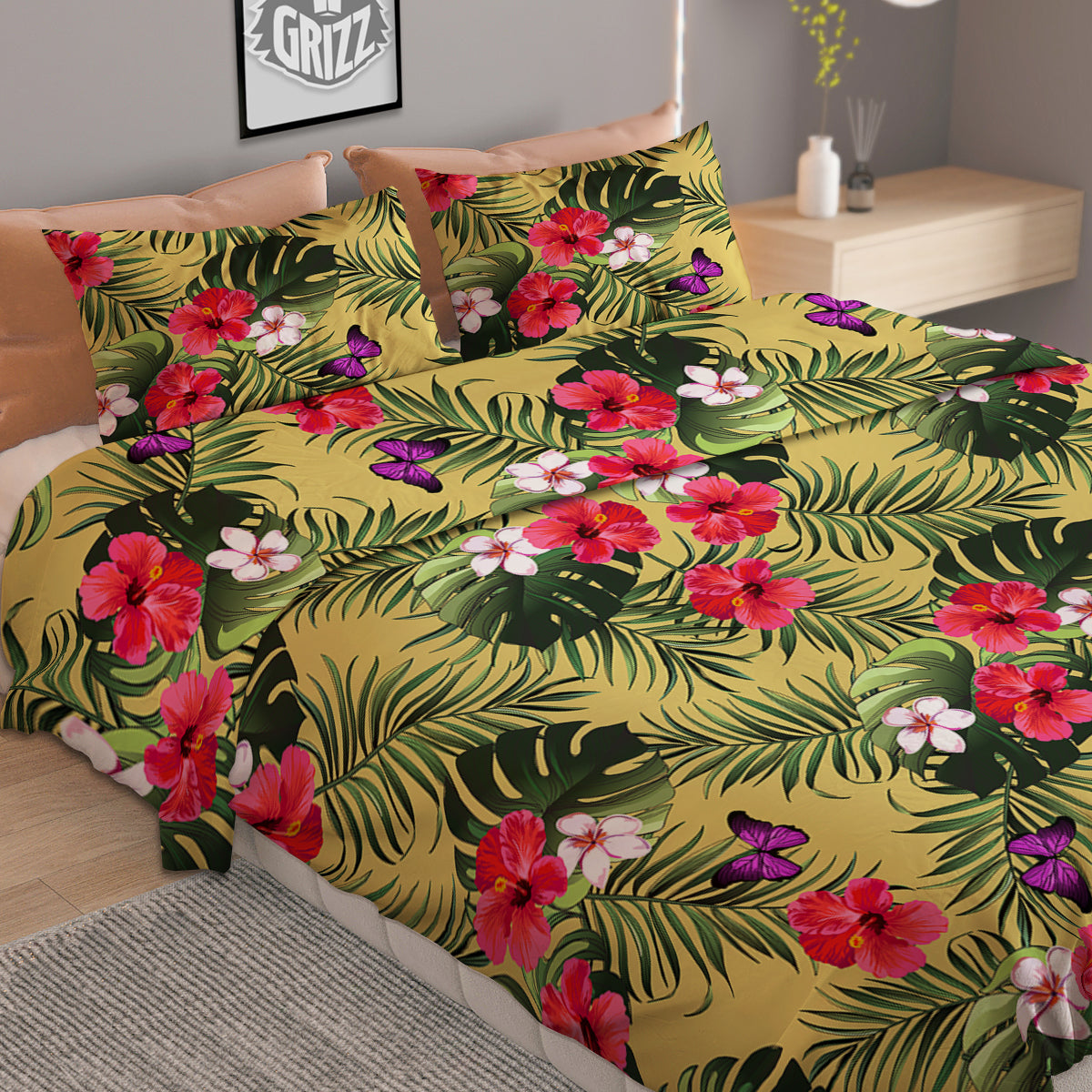 Flowers Hawaii Tropical Print Pattern Duvet Cover Bedding Set